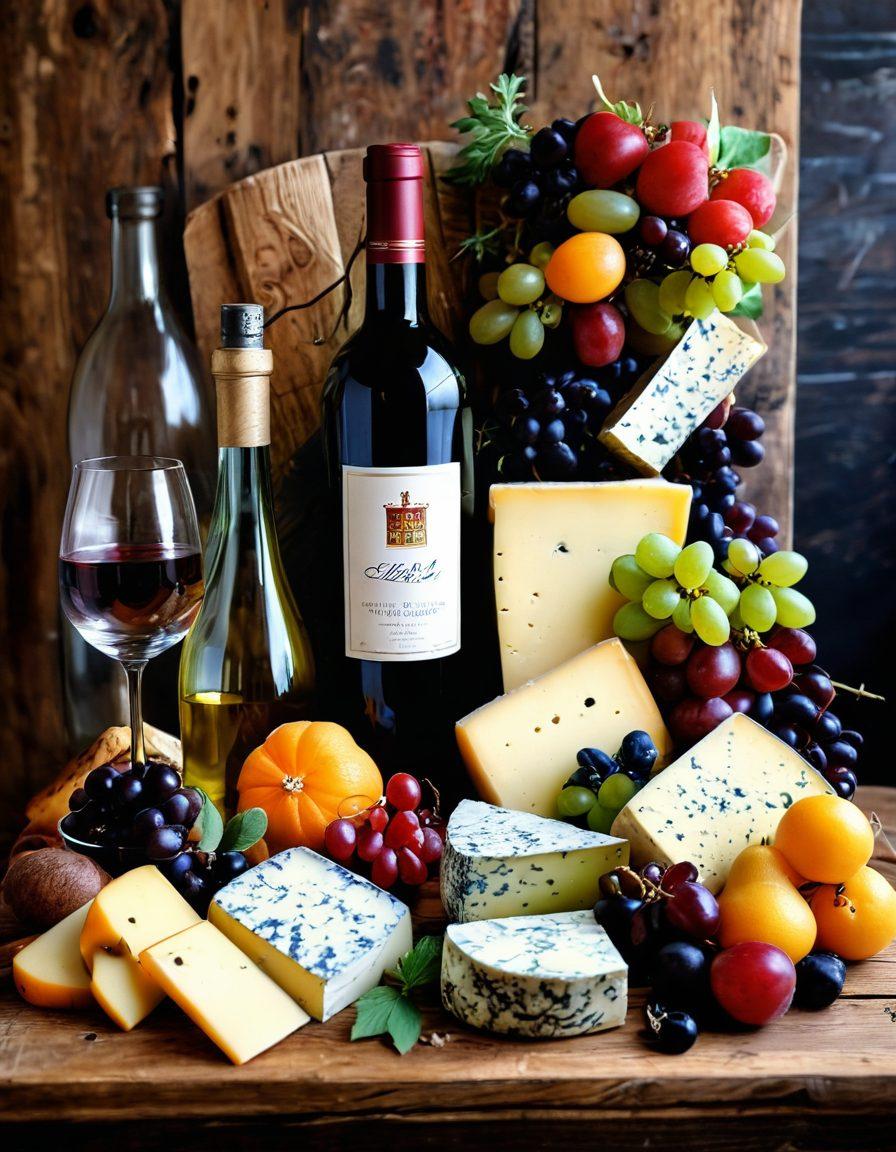A beautifully arranged wine bottle alongside a selection of colorful gourmet cheeses and fruits, set on a rustic wooden table. Incorporate subtle elements like a glass of red wine with artistic swirling, and hints of olive oil and herbs in the background, emphasizing health and wellness. The lighting should be warm and inviting, creating a cozy atmosphere. super-realistic. vibrant colors. soft focus.