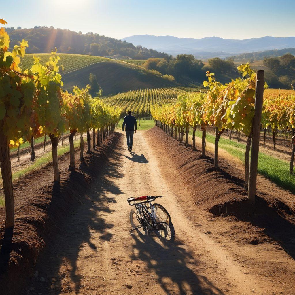 A serene, sunlit vineyard showcasing a variety of wine grapes, with a backdrop of rolling hills. Include a person enjoying a glass of wine, embodying relaxation and wellness, surrounded by herbs and fresh produce. Emphasize autumn colors, and incorporate subtle elements representing mobility, like bicycle tires in the dirt path. The atmosphere should evoke harmony and health. super-realistic. vibrant colors.