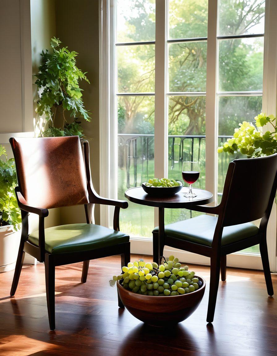 A serene setting featuring a cozy chair beside a large window, sunlight streaming in. On a small table, a glass of deep red wine rests next to a bowl of fresh grapes and a pair of hands gently massaging a joint. Soft colors create a calming atmosphere, with a lush green garden view outside, symbolizing health and tranquility. The ambiance evokes relaxation and wellness, inviting the viewer to sip and reflect. super-realistic. warm tones. calming background.
